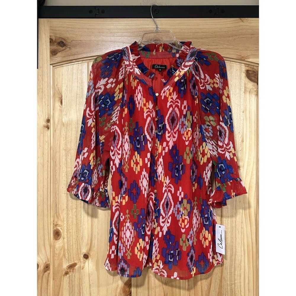 Calessa Women’s Blouse Red Multi Color Pattern Flowy 3/4 Butterfly Sleeves XL